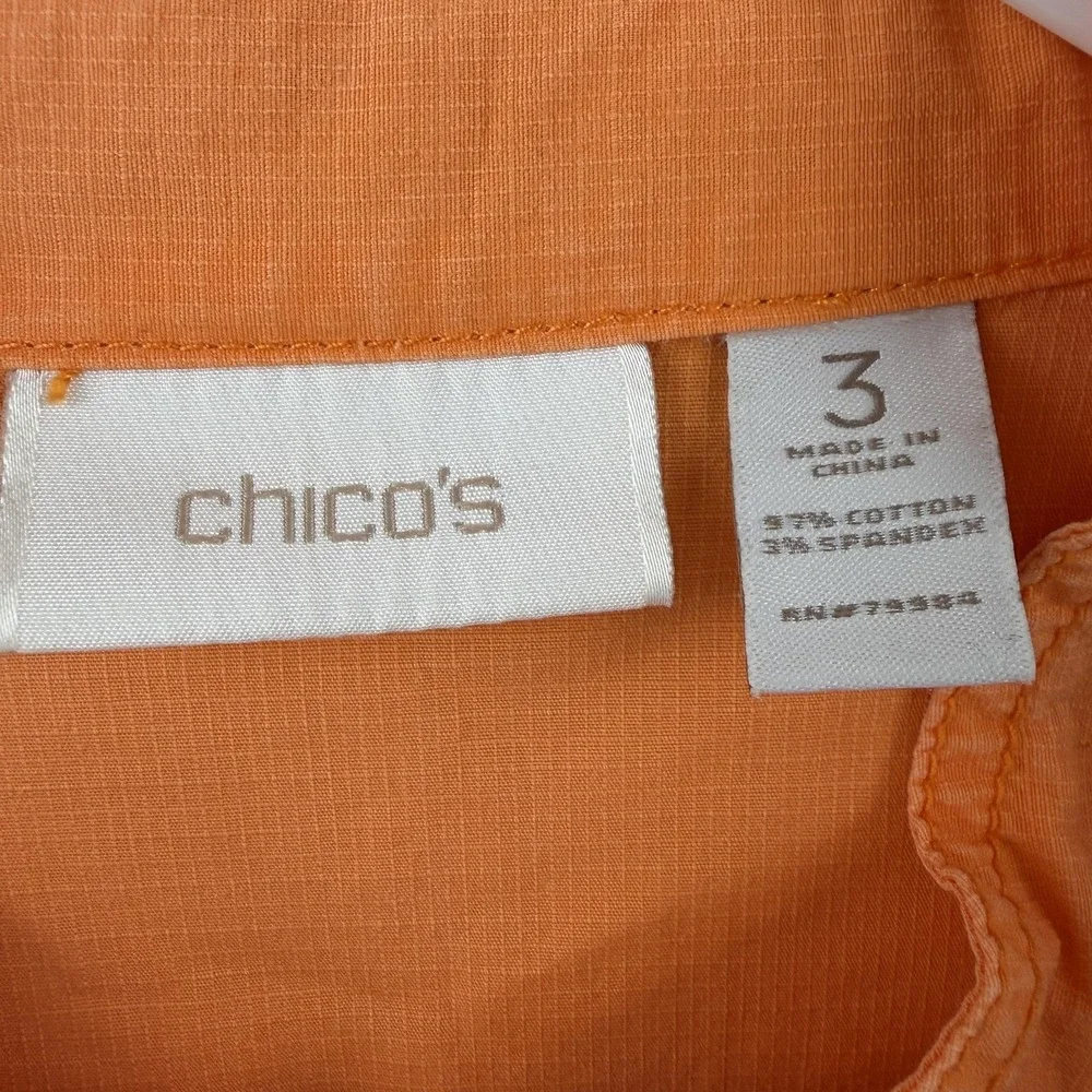 Chico's Jacket Womens 3 Orange Twill Zip Front 3/4 Sleeve Utility Pockets